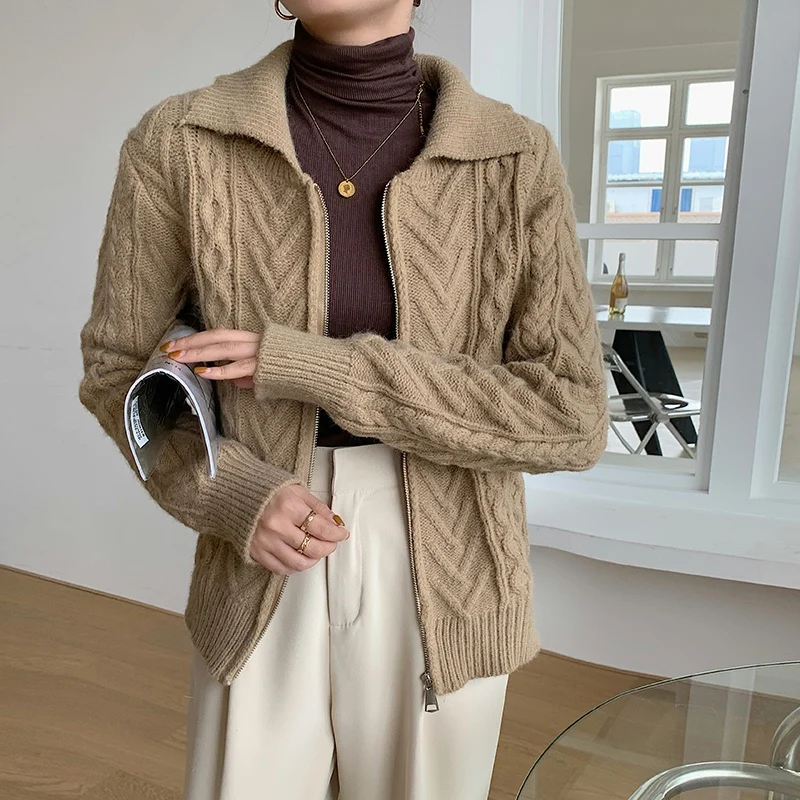 pullover sweater Croysier Zipper Cardigan Winter Women Long Sleeve Top Polo Collar Twisted Knitted Sweater Casual Solid Loose Sweaters Cardigans Sweaters Sweaters