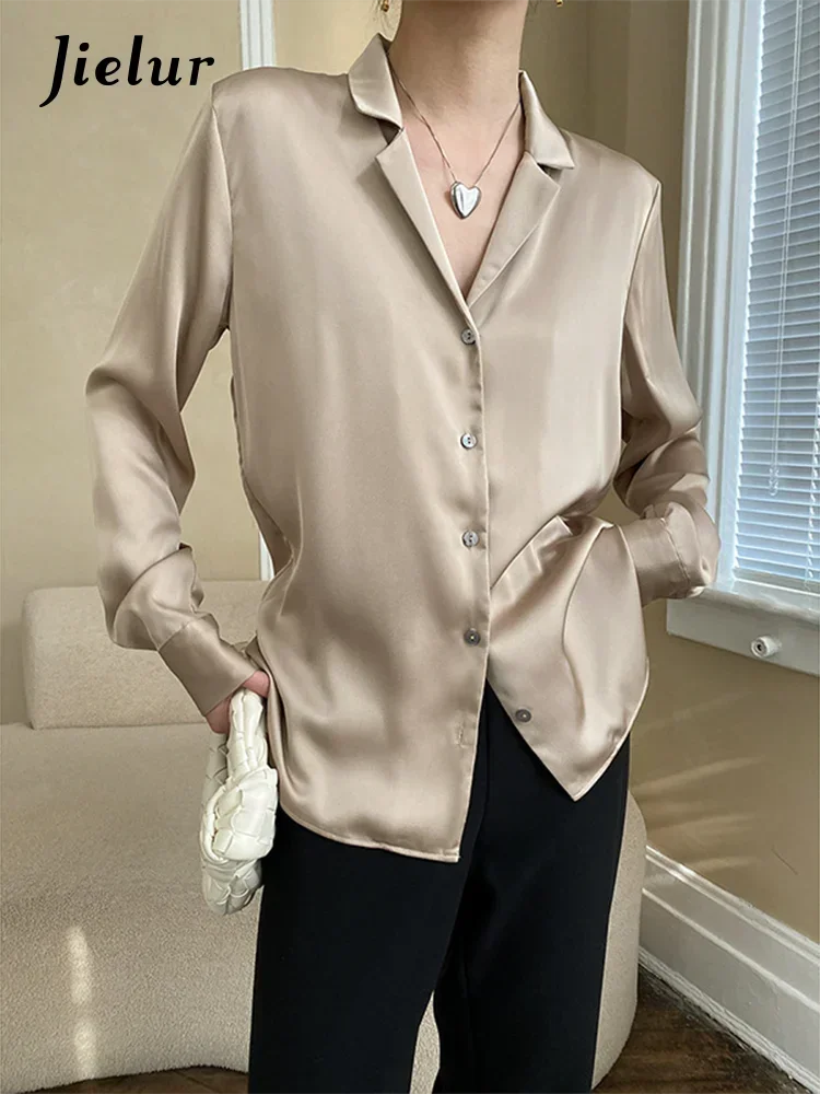 

Jielur Women's Korean Solid Color Satin Long Sleeve Button Up Blouse Work Office Silky Shirts Tops Shirts for Women
