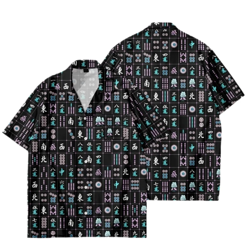Hip Hop Mahjong Graphic Blouses Red Mah-jongg 3D Printe Shirts For Men Clothes Casual Short Sleeve Streetwear Male Boy Lapel Top 5