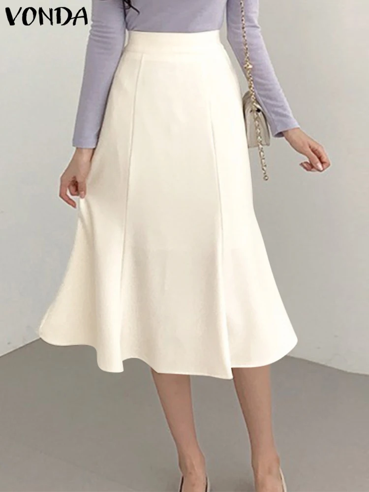 

VONDA 2023 Women Skirts Elegant Summer Office Skirts Casual High Waist Fashion A-Line Mid-Calf Skirts Oversized Femininas