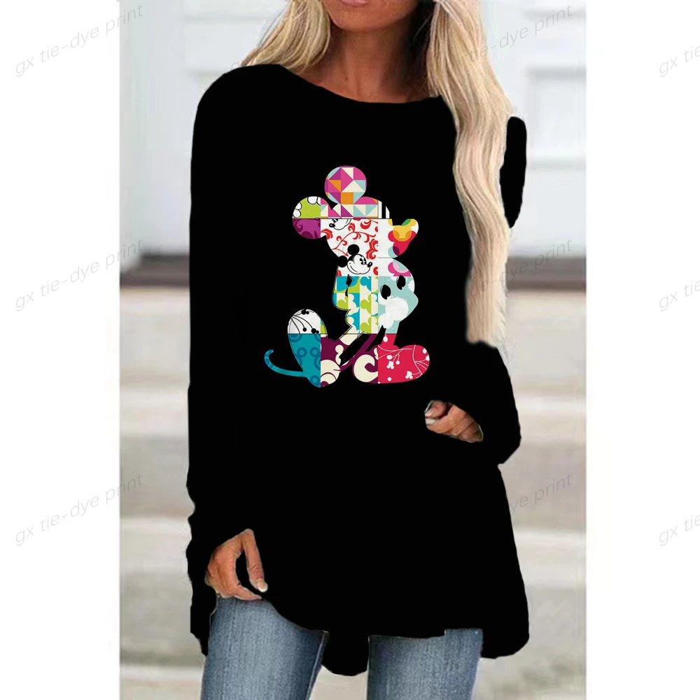 

Women T Shirt Summer Long sleeve O-Neck Casual Streetwear Tops Size 5XL Ladies 3D Disney Mickey Mouse Cartoon Printed Long Tee