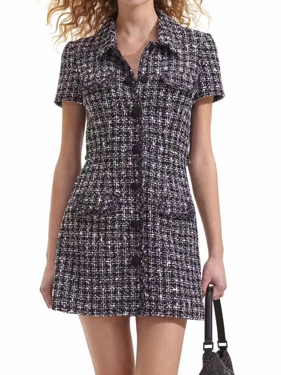 

2024 Spring/Summer Black Plaid Waistband Exquisite and Elegant Round Neck Short Sleeve Dress