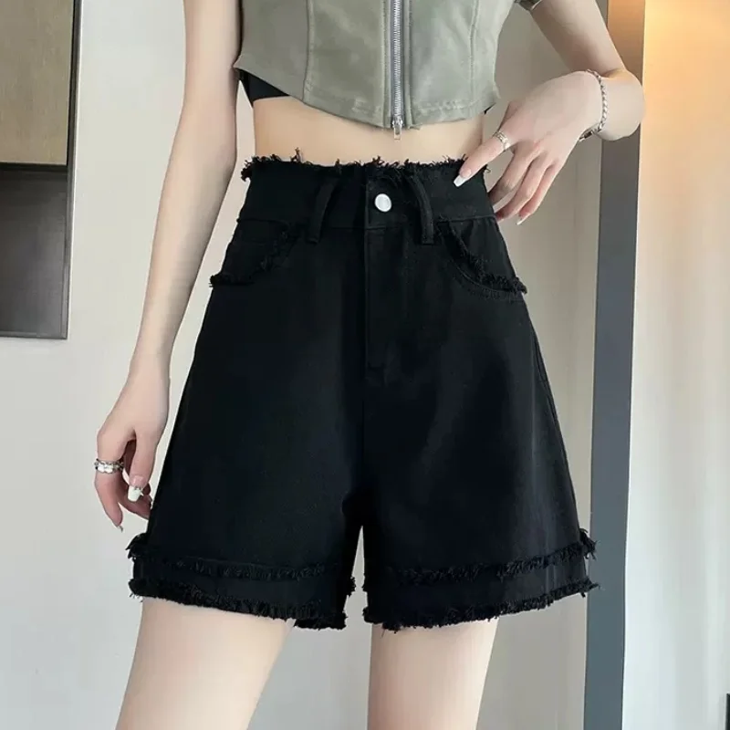 

Women's Black Denim Shorts Summer Thin Section Classic A-line High Waist Loose Slimming Fur Edge Five-point Pants Trend Y2k Sexy