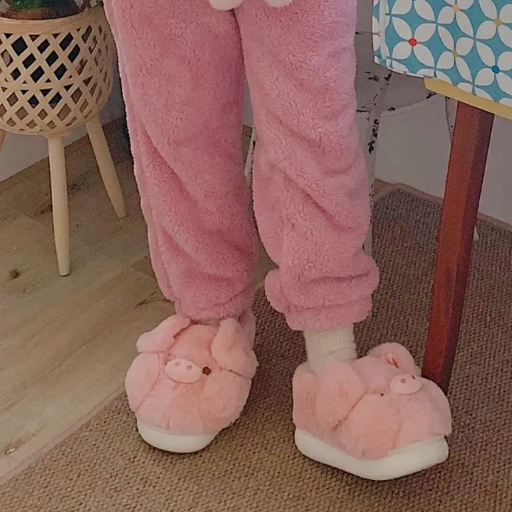 Soft Homewear Pig Plush Slippers Thicken Cartoon Winter Warm Slippers Anti-slip Thick Soled Furry Cotton Shoes Indoor