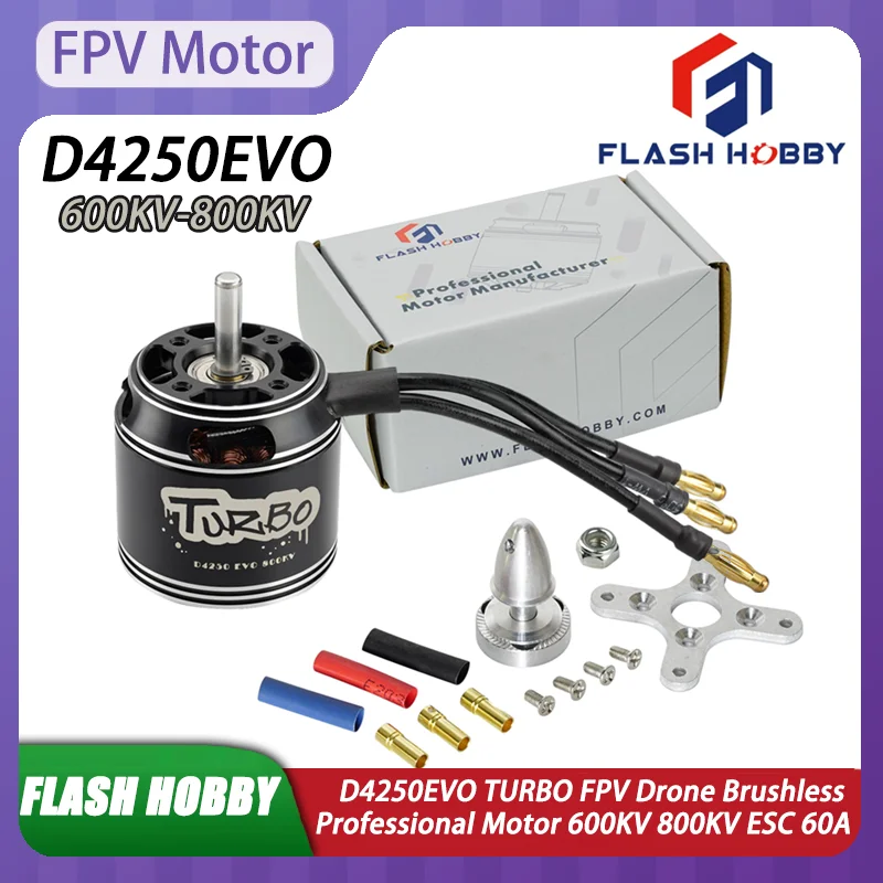 Moteur Brushless Professionnel FLASH HOBBY D4250EVO TURBO 600KV avec dissipateur noir et câbles