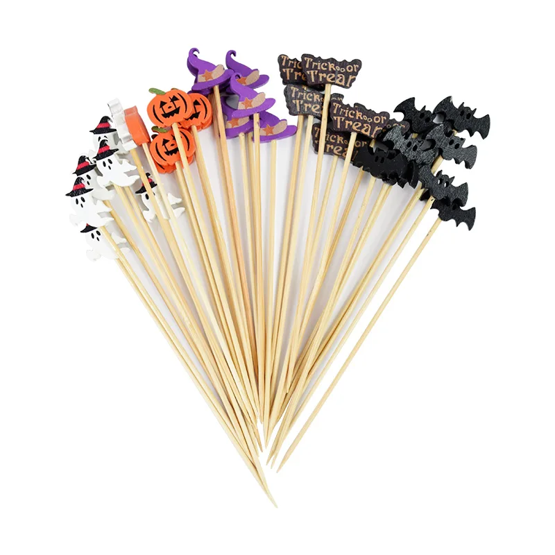 50/100PCS Halloween Bamboo Sticks Pumpkin Bat Pattern Buffet Cupcake Fruit Snack Fork Halloween Party Decorration Supplies fruit fork food picks bamboo sticks