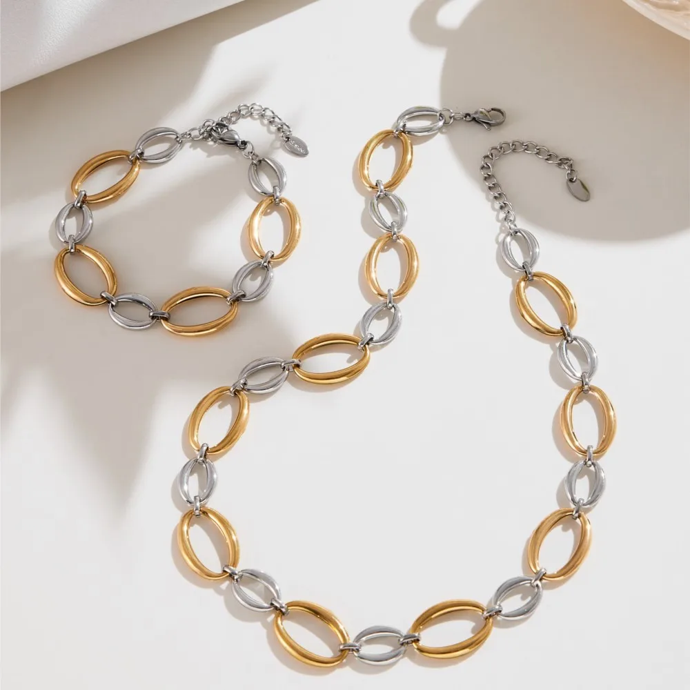 Elegant Two-Tone Stainless Steel Necklace and Bracelet Set - 18k Gold Plated Chunky Chain Jewelry