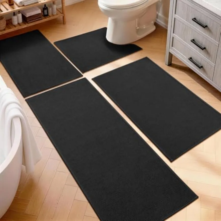 Bathroom Rugs Sets 4 Pcs Quick Dry Thin Bath Mat with Toilet Rug Non Slip Absorbent Machine Washable Bath Runner Rugs for Batht