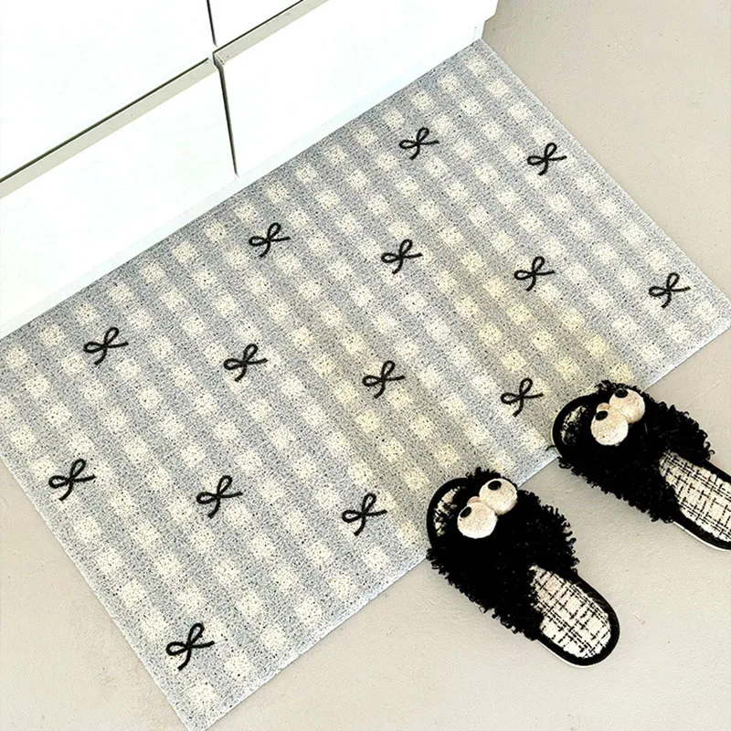 Plaid Bow Knot Door Mat Korean Ins Waterproof Carpet Anti Slip Resistant To Dirt Silk Ring Mat PVC Bathroom Kitchen Carpet