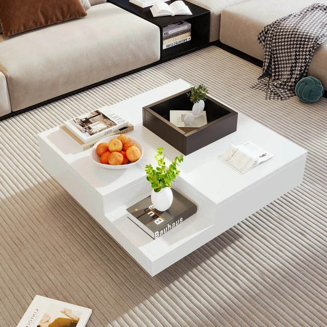 Table basse brillante pour salon avec boîte de rangement amovible, effet lumineux LED 1