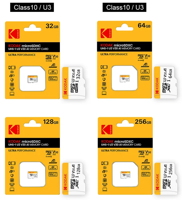 KODAK High-Speed UHS-I U3 V30 A1 MicroSDXC Memory Card - Class 10, 4K Ultra HD, 100MB/s - 32GB, 64GB, 128GB, 256GB Multi-Pack Op