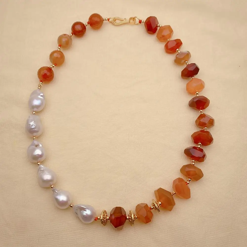 

Y·YING Cultured White Baroque Pearl Red Carnelian Nugget Agate Necklace 20.5"