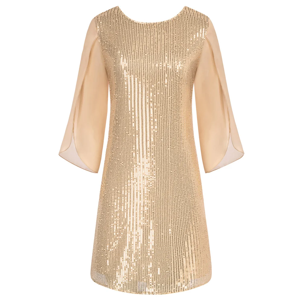 

GK Women Sequined Dress 3/4 Slit Sleeve Crew Neck V-Back Knee Length Dress Elegant Lady Cocktail Dresses For Party Wedding Guest