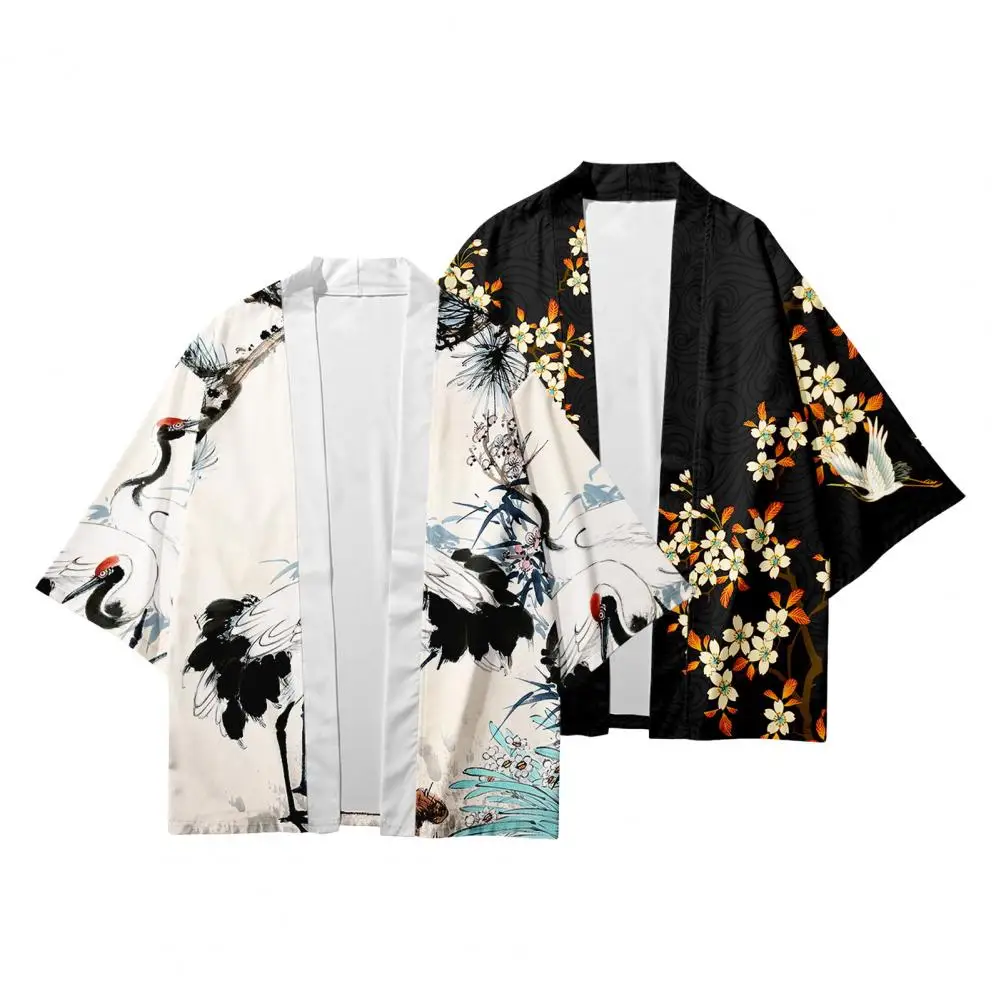 

Men Loose Fit Top Japanese Style Men's Bird Print Kimono Cardigan Traditional Three Quarter Sleeve Top Coat for Daily Wear