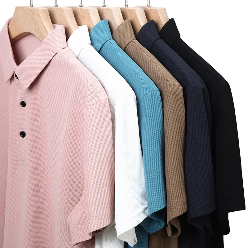 Polo a maniche corte in waffle casual da uomo nuova Top tinta unita alla moda - immagine 6