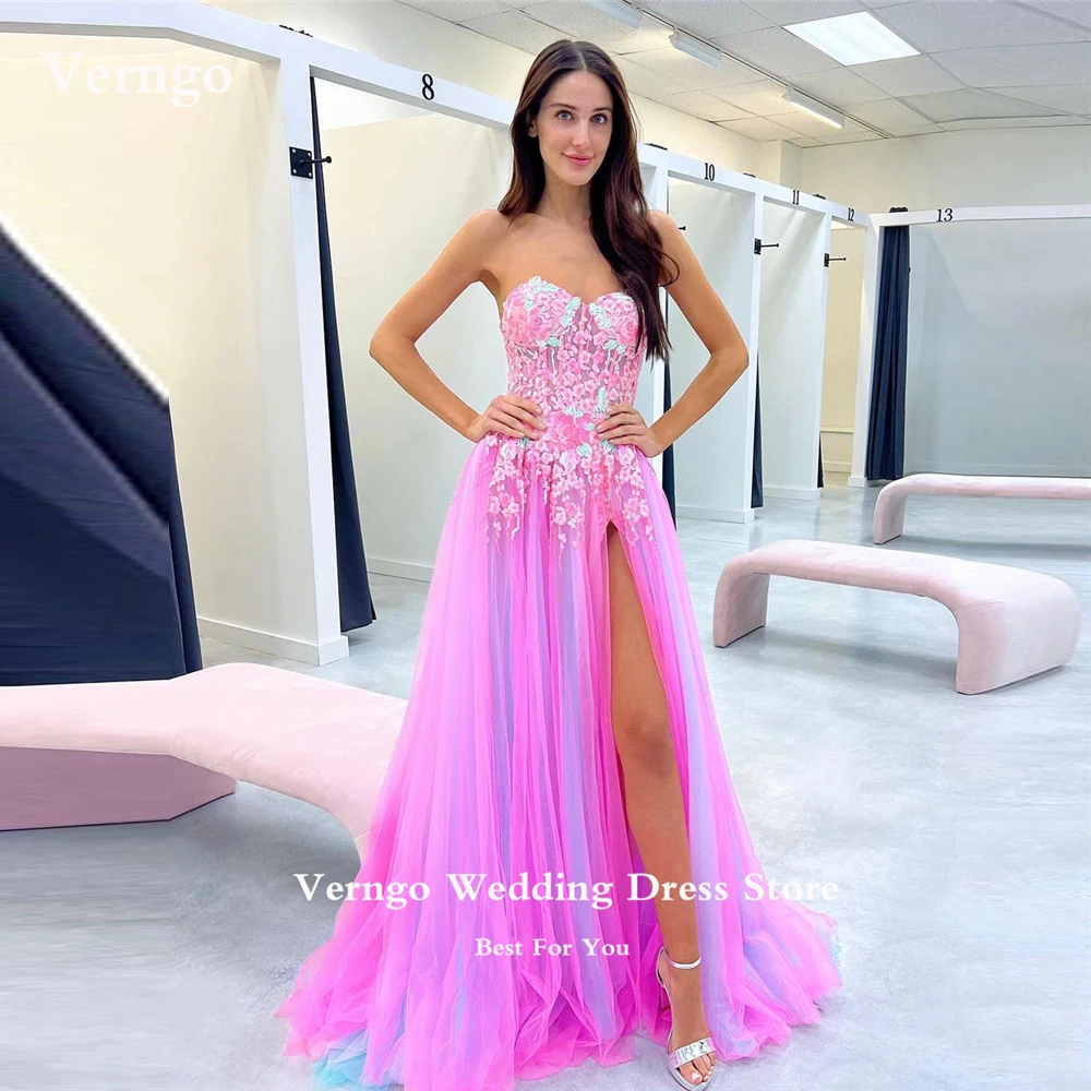 

Verngo New 2023 Pink Tulle Long Prom Dresses Sweetheart Lace Applique Split Evening Gowns Formal Party Dress Vestidos de fiesta