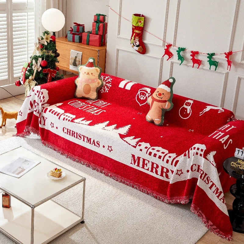 Red Christmas Blanket Sofa Cover Four Seasons Universal Sofa Cover Multifunctional Blanket Christmas Home Decoration Covers 4