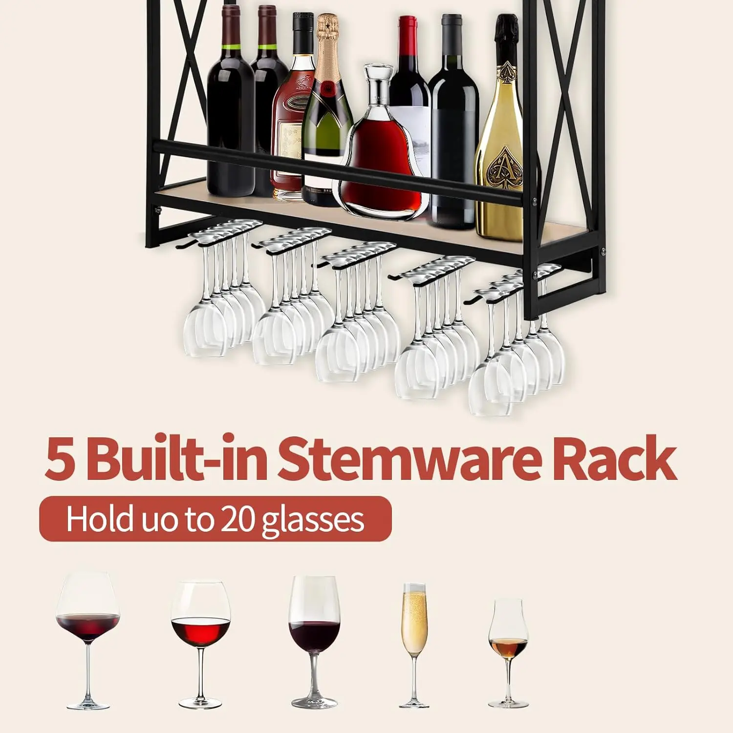 Industrial Wall Mounted Wine Rack, 2 Tiers Metal Hanging Wine Shelf with 5 Stem Glass Holder, Black Wall Wine Bottle Glass Rack