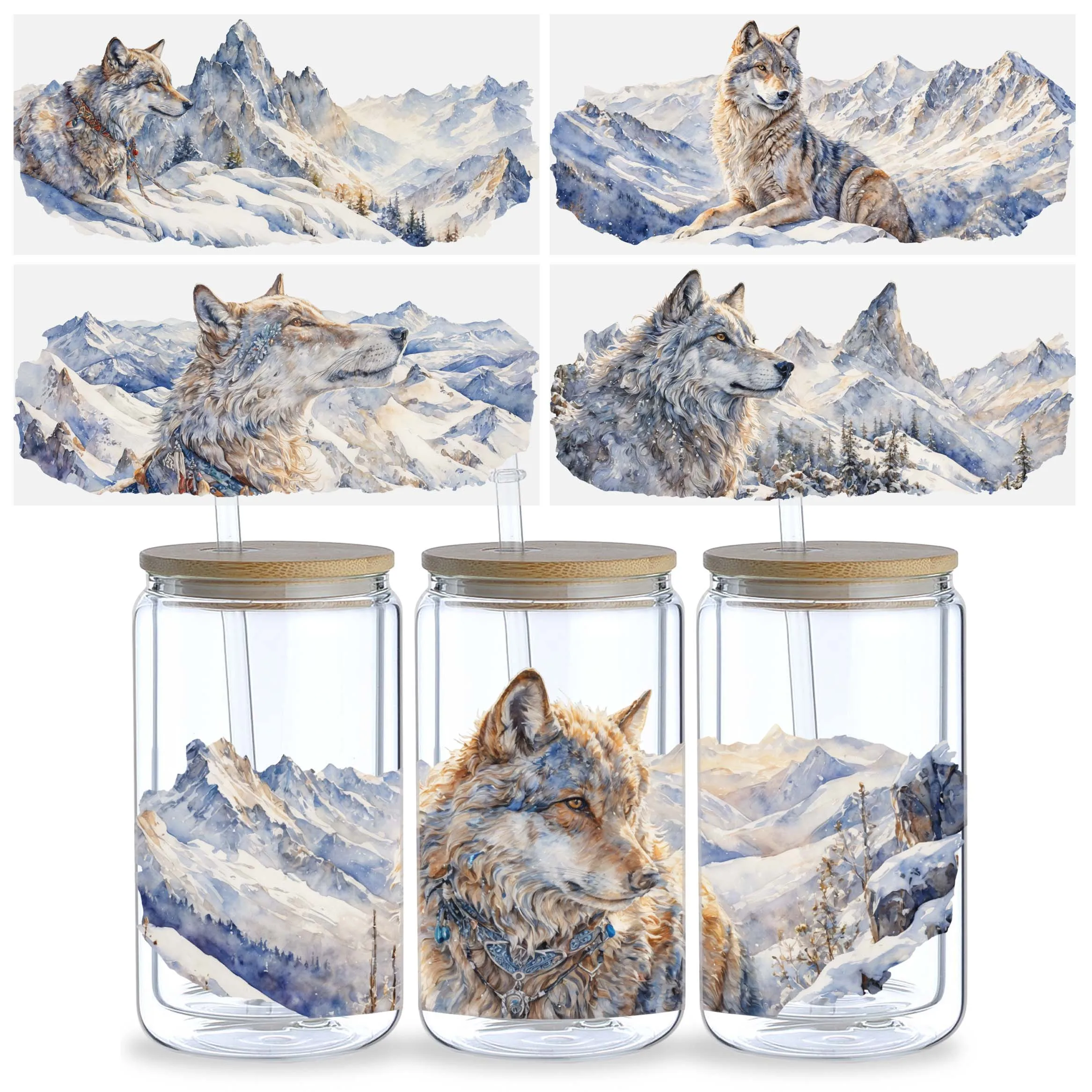 5 Sheets Wolf UV DTF Cup Stickers Glass Sport DTF Transfer Stickers Waterproof Wipe Transfers for 16 oz Glass Mugs sticker cups uv dtf wrap transfer