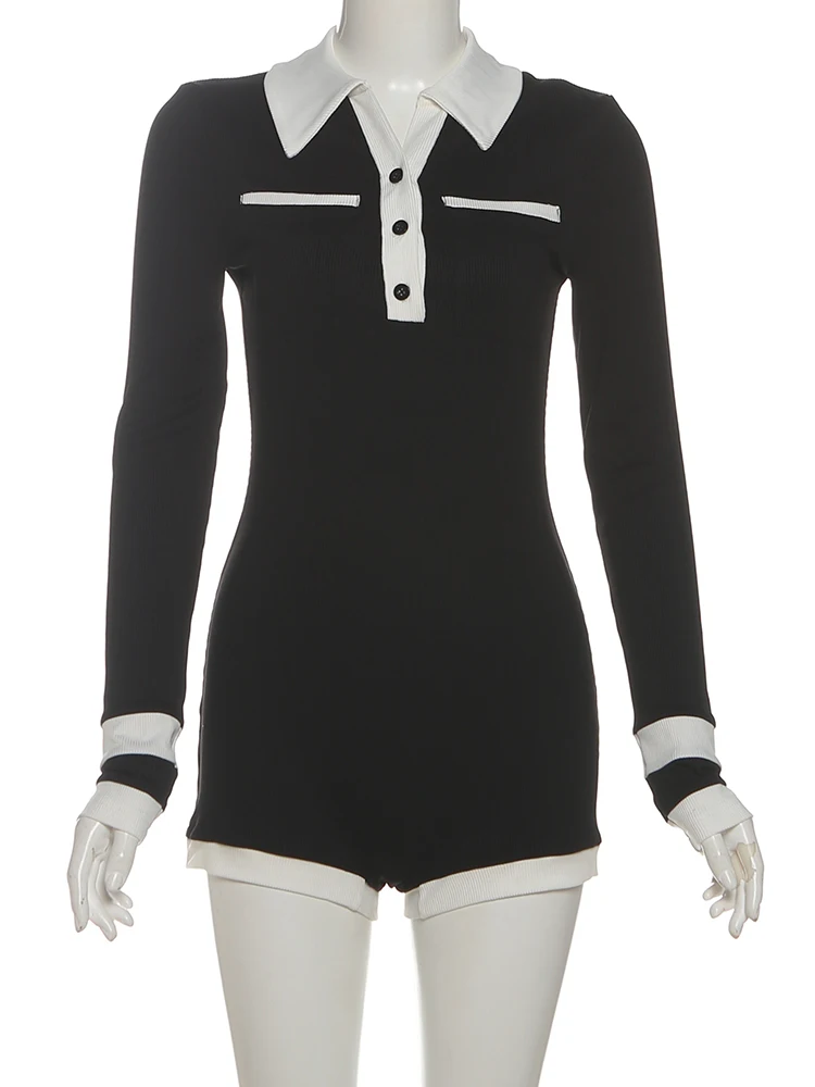 Nibber Full Sleeve Contrast Patchwork Playsuits Women Ribbed Button Polo-Neck Skinny Stretch Wrap Hip Street Fashion Rompers