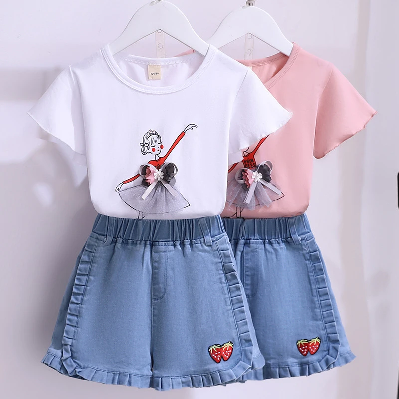 Conjunto de ropa bonita para niños y niñas de 4, 6, 8, 10, 12 y 14 años, ropa de verano niños, Top de manga corta de algodón + Pantalones cortos Vaqueros, conjunto dos piezas| - AliExpress