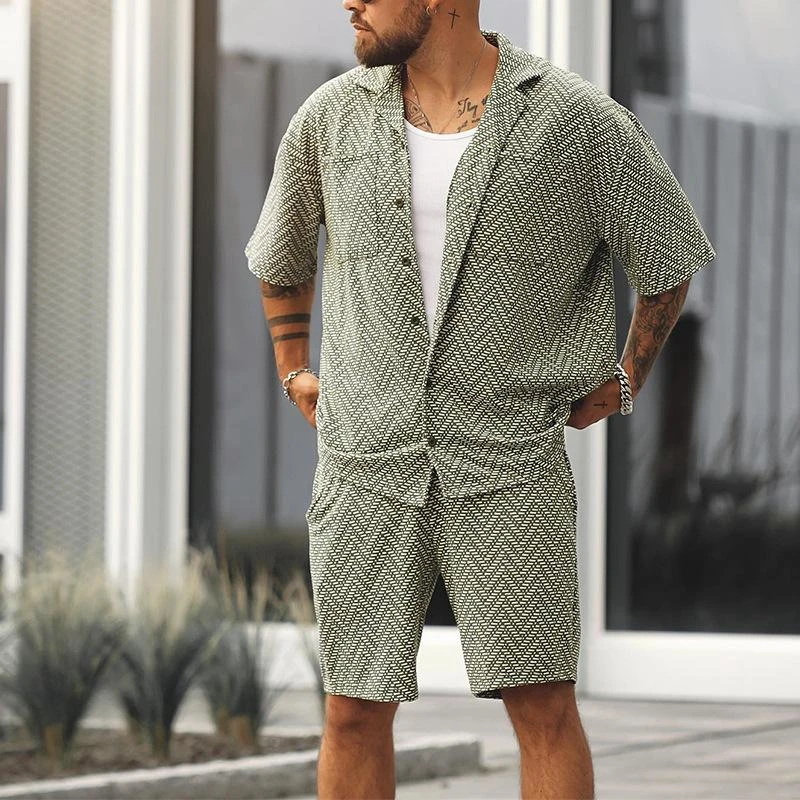 Spring Summer Men's Sports Casual Suit Fashion Printed Cardigan Short Sleeve Shirt Shorts Two Piece Set
