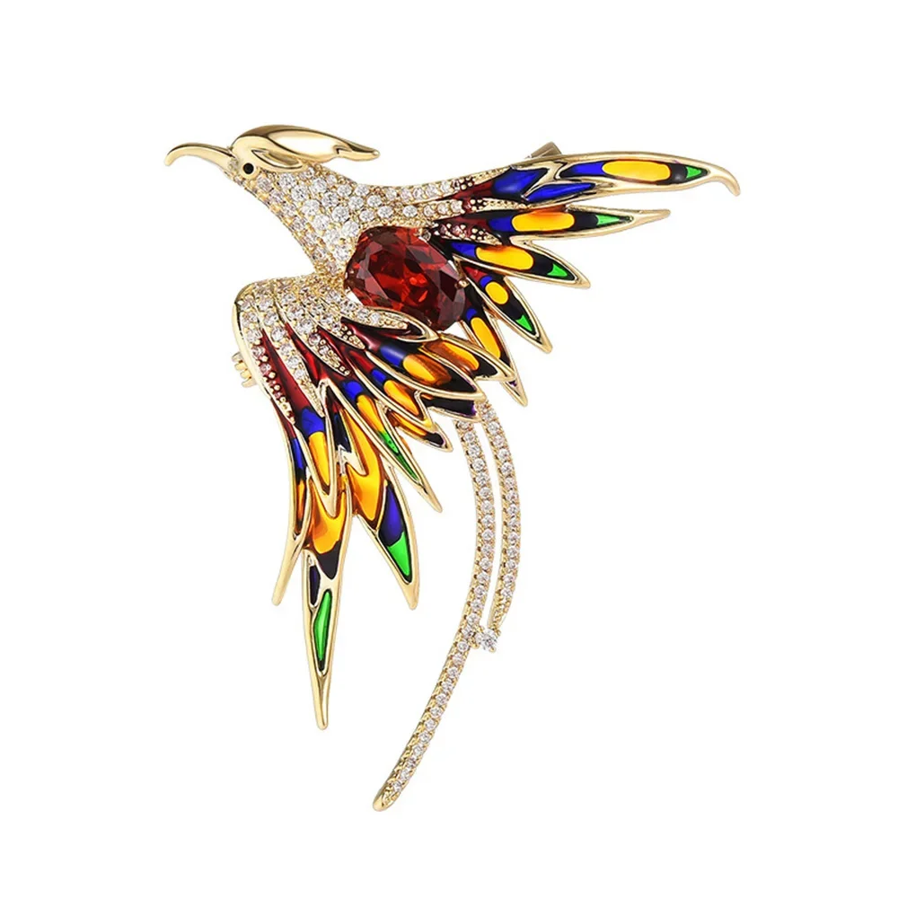 Colorful Enamel Phoenix Bird Brooch Five Color Crystal Animal Jewelry Banquet Party Brooches Birthday Gifts for Women