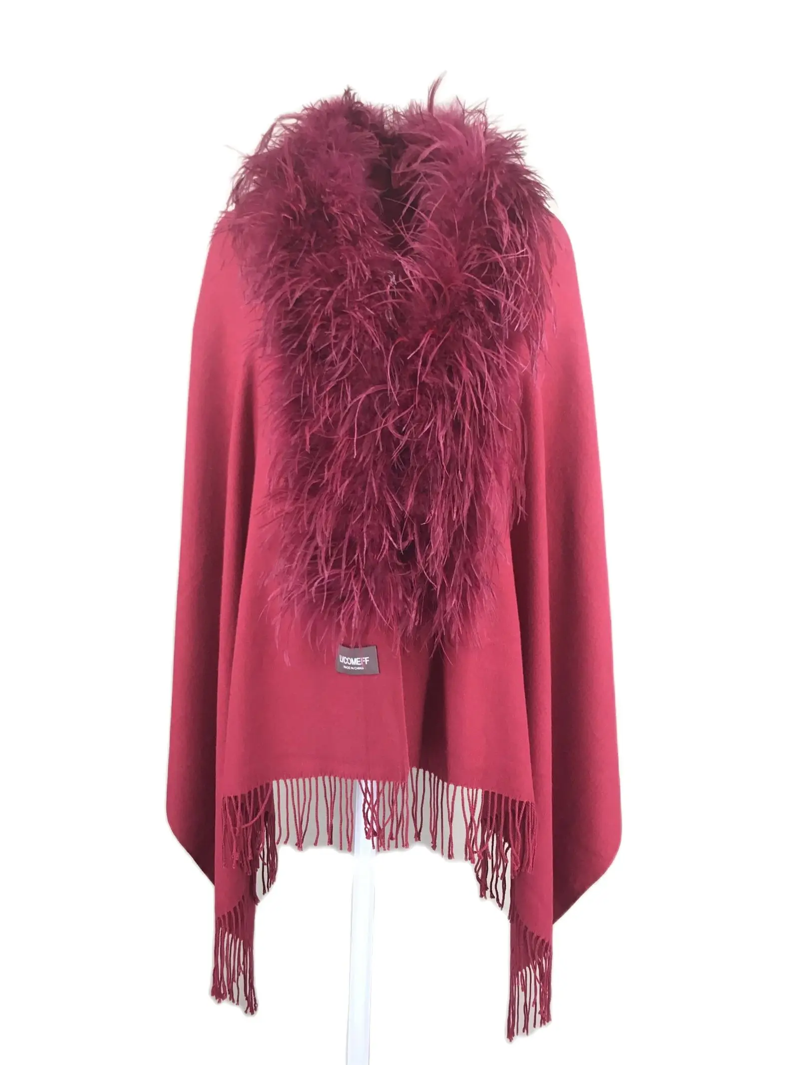Shawl With Natural Ostrich Feather Front Tassel Red Black Gray Blue Color For Party Luxurious Cashemre Touch Brown Furry B230633