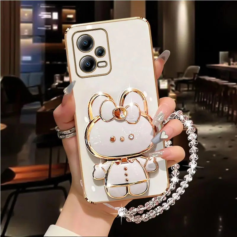 Diamond Strap Mirror Rabbit Phone Holder Case with Stand Cover