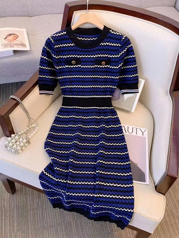 

Striped Knitted Dress Women Summer Fashion O-neck Patchwork Short Sleeve Dresses Female High Elastic Streetwear Bodycon Skirts