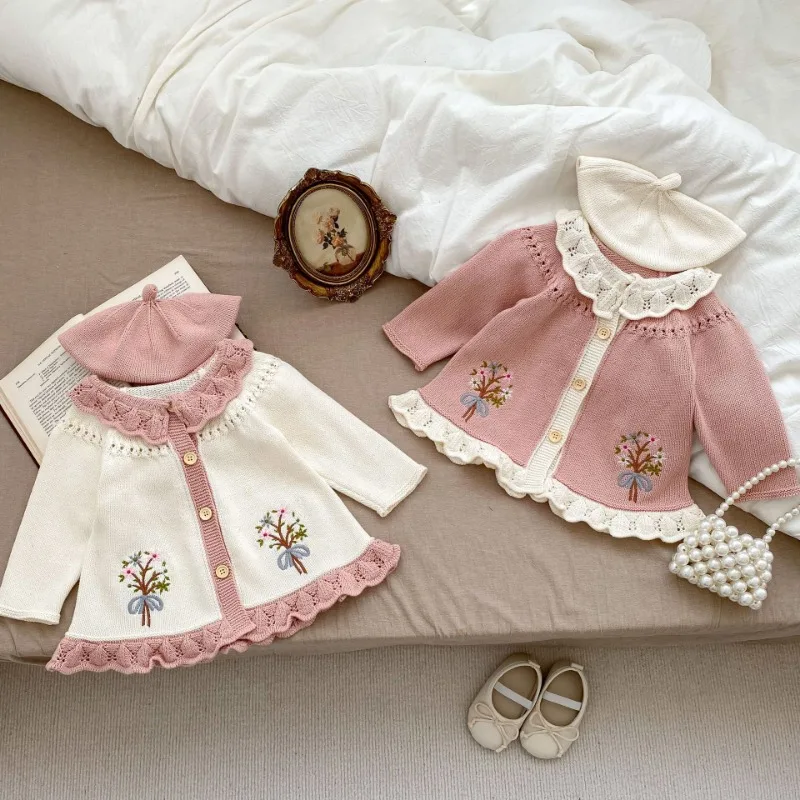

2023 Ins Style Baby Sweater Toddler Girls Floral Embroidery Knit Cardigan Retro Turn Down Collar Infant Sweater