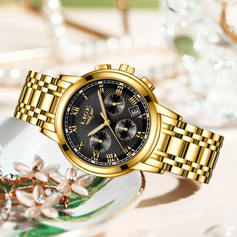 LIGE Golden Quartz Waterproof Women Wristwatches High Quality Japanese Movement Full  Steel Strap Fashion Watch for Women+Box