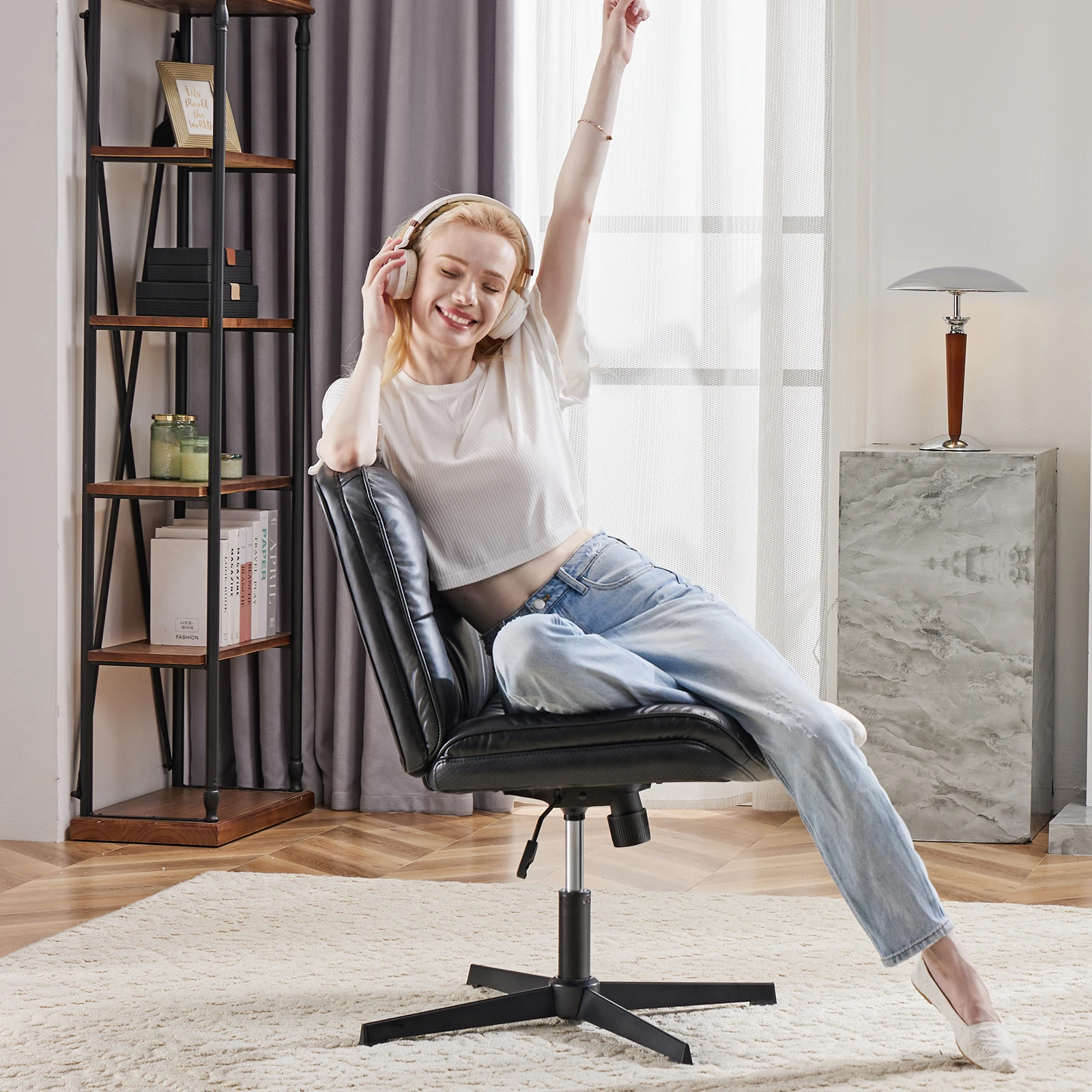 JHK PU Leather Cross Legged Office Chair Armless Desk Chair with Dual-Purpose Base Adjustable Swivel Fabric Task Vanity Home 6