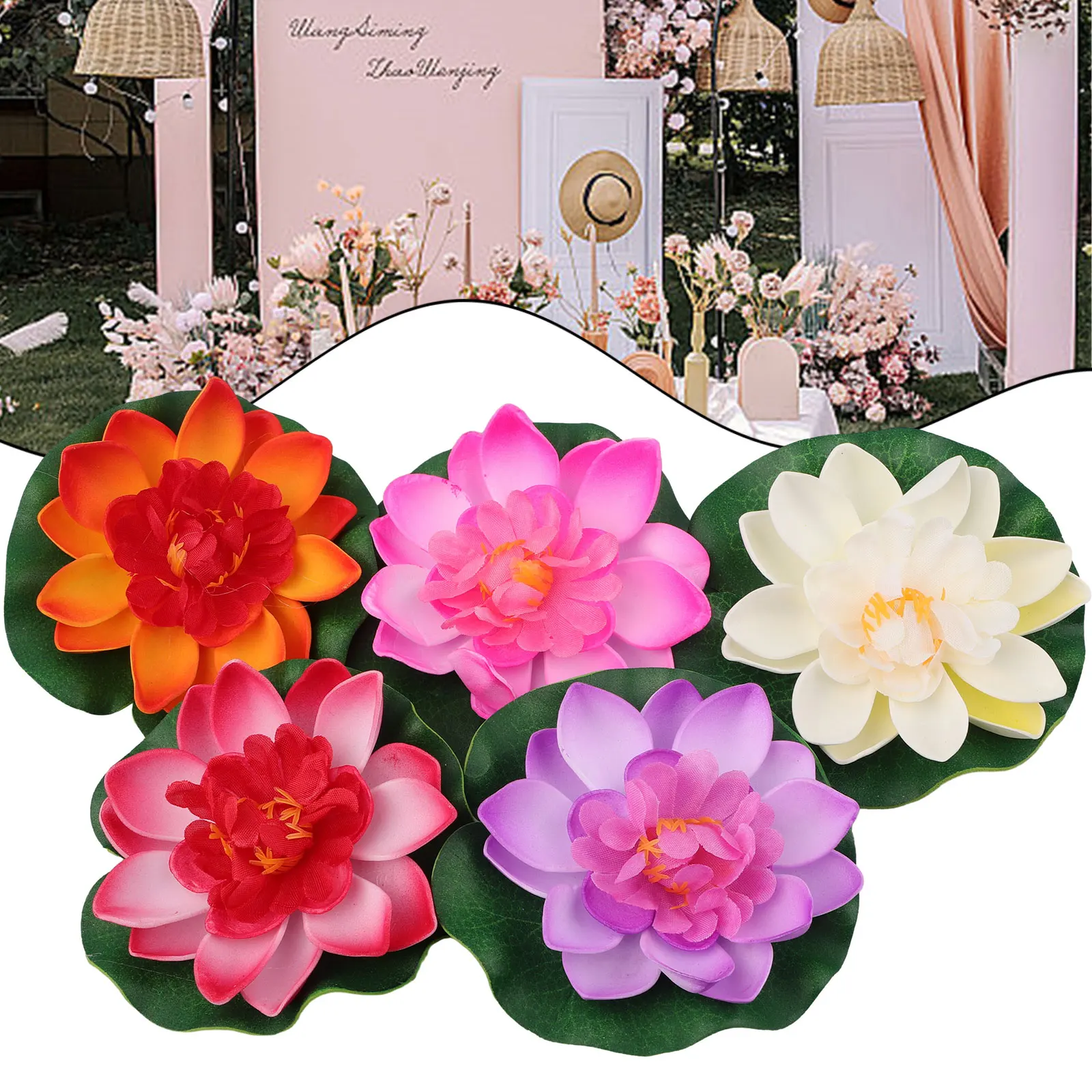 5 teile/satz bunte künstliche gefälschte schwimmende Seerose zufällige Farben Lotus blatt Teich Pflanzen Garten Pool Dekor Garten Pflanzen – Detail 2