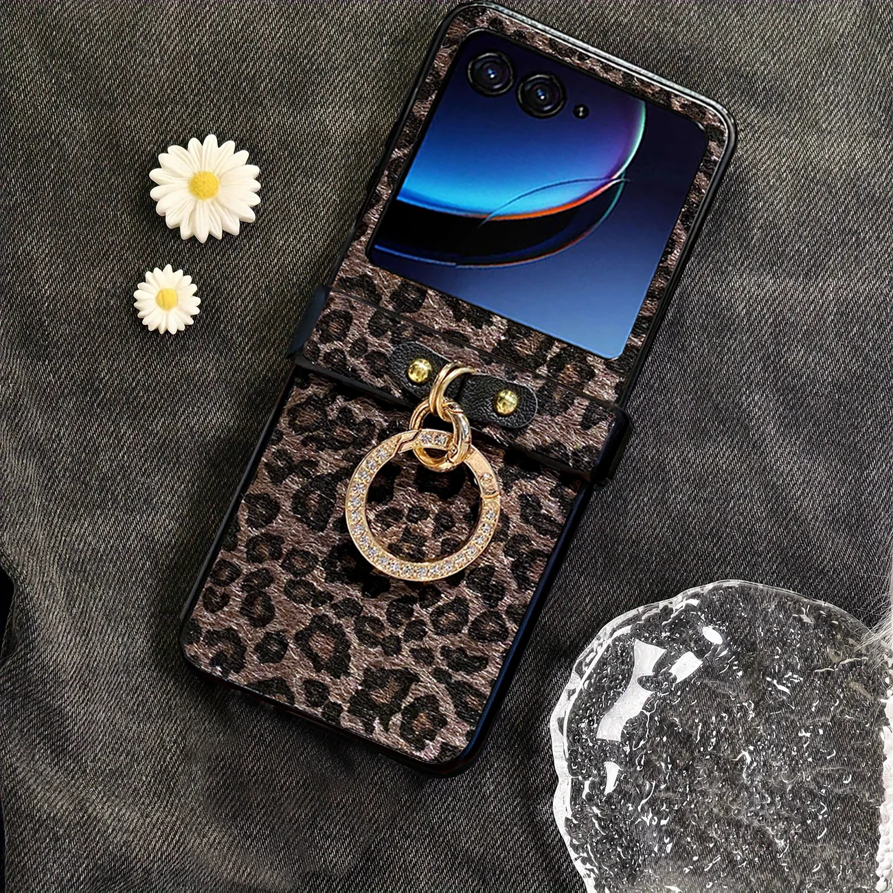 Chic Leopard Leather Plush Cover with Diamond-Plated Ring Buckle