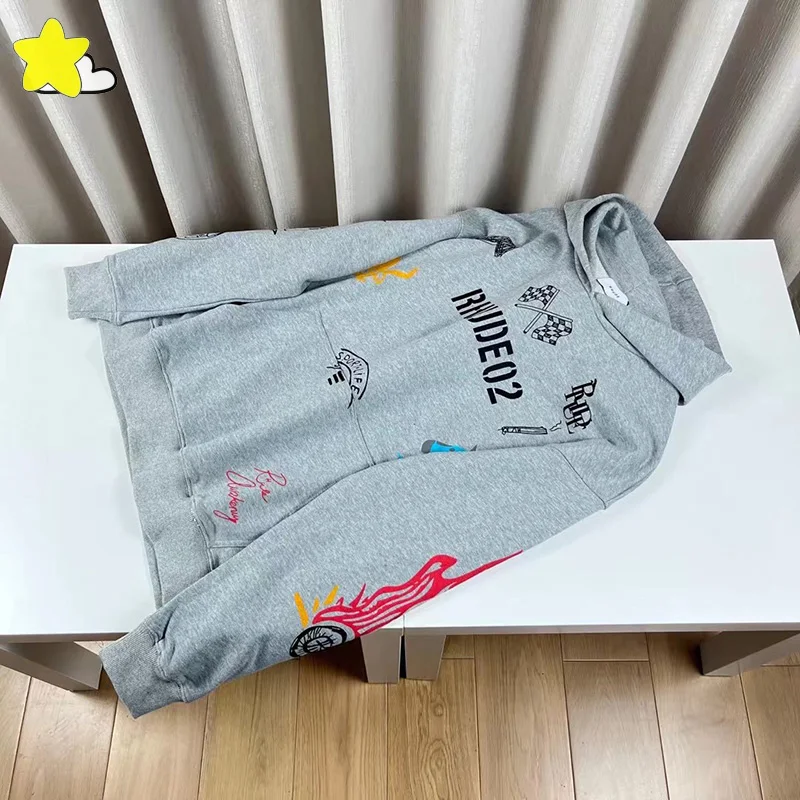 

Autumn Winter High Quality 100% Cotton Pullovers Hooded Men Women Loose Full Graffiti Apricot Gray Rhude Hoodie Inside Tags