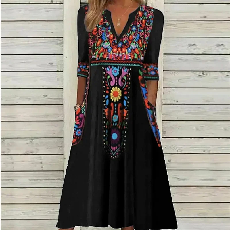 

Autumn New Women's V-Neck Patchwork Double Pockets Bohemian Geometric Printed Loose Waist Three-quarter Sleeve Pullover Dress