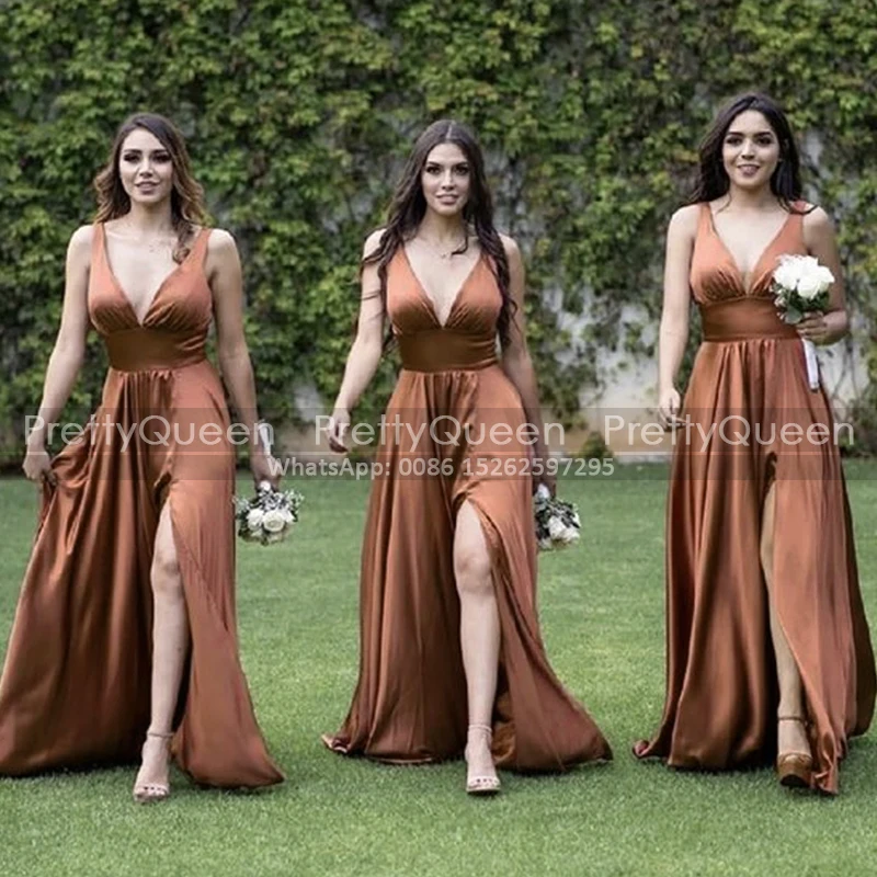 

A Line Plunging Neck Bridesmaid Dresses High Split Long Burnt Sleeveless Sexy Women Bridal Party Dress Maid Of Honor