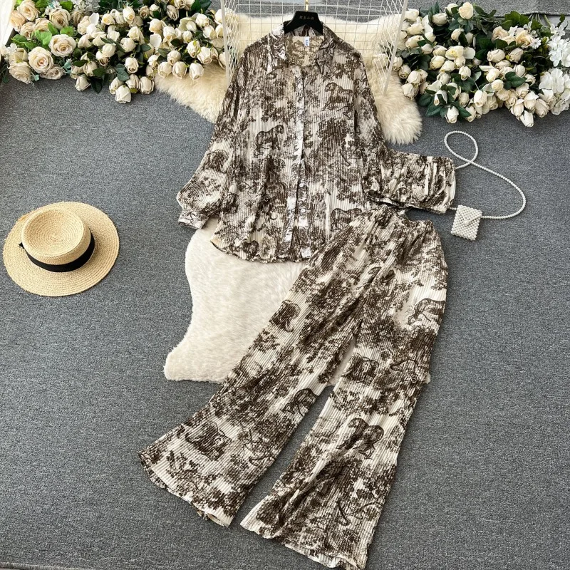 Ladies' Suit Spring Summer Loose Pleated Shirt Bustier Draped High-waisted Pants Printed Lapels Single-breasted Three-piece Suit