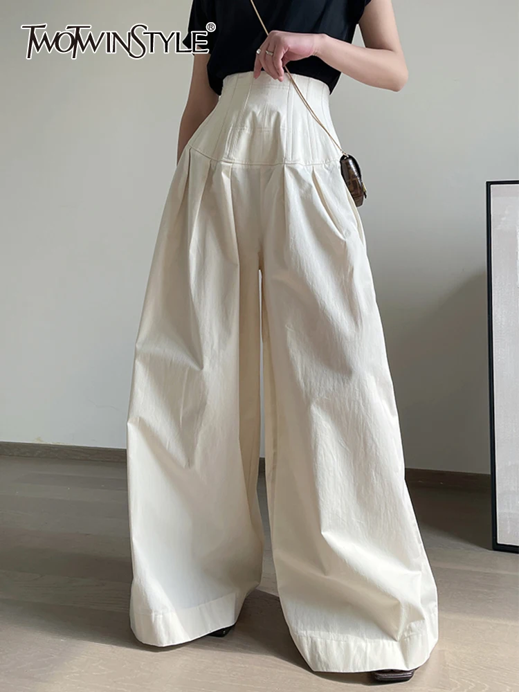 

TWOTWINSTYLE Oversize Wide Leg Pants For Women Gathered Waist Spliced Ruched Casual Solid Long Trousers Female Clothing Summer