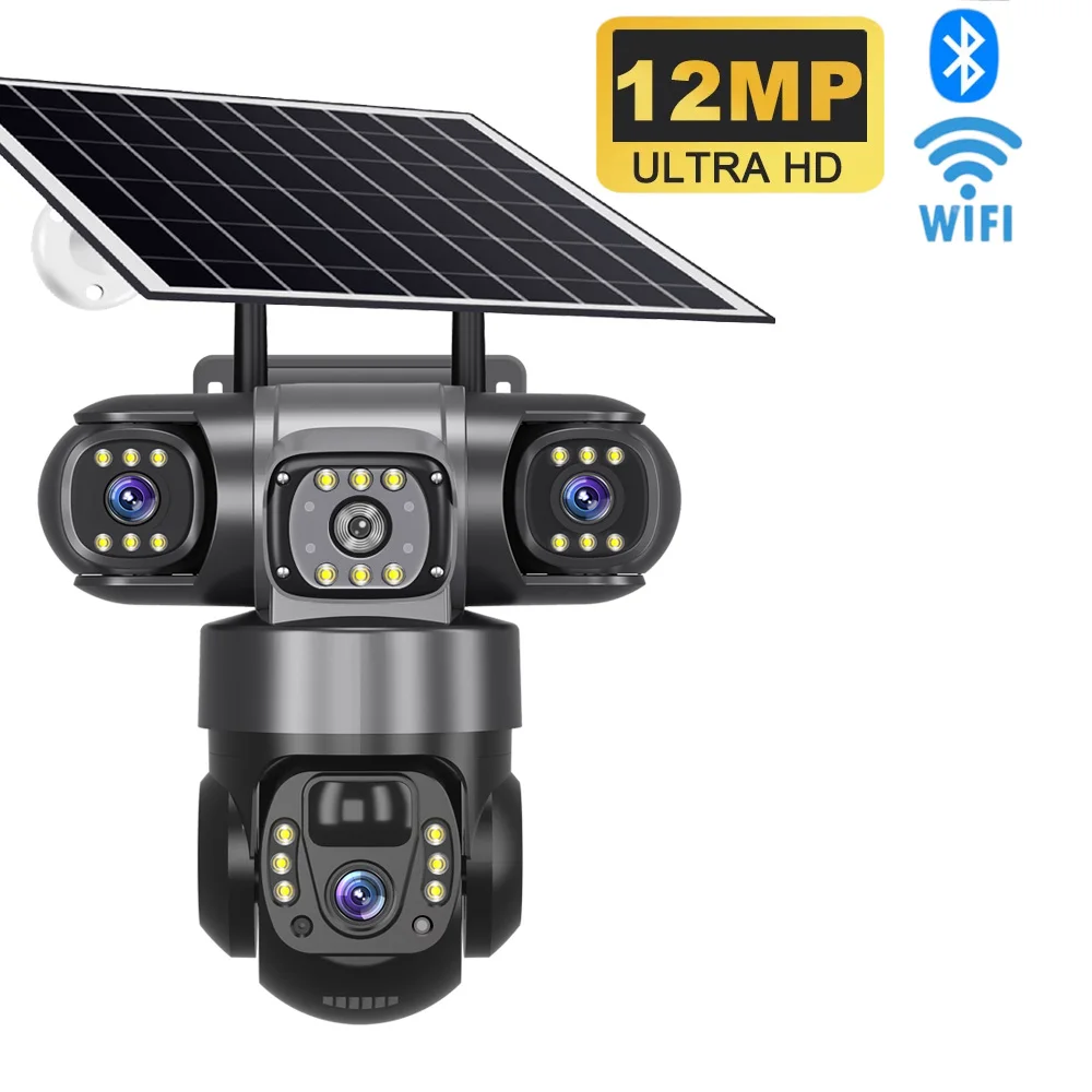 Cámara Solar HD de 12MP para exteriores, 3 lentes, 3 pantallas, Zoom 10X, visión nocturna CCTV, IP66, impermeable, PIR, detección humana, cámara de seguridad Wifi