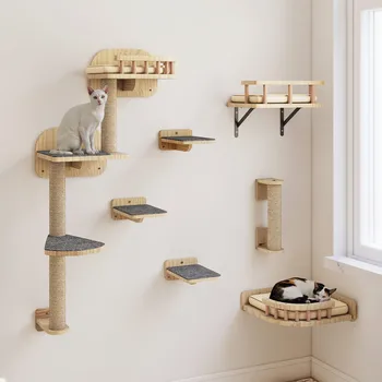 YITAHOME 7-Piece Wooden Cat Climbing Set - Wall-Mounted with Scratching Posts, Corner Platform, Stairs & Bed for Play/Sleep