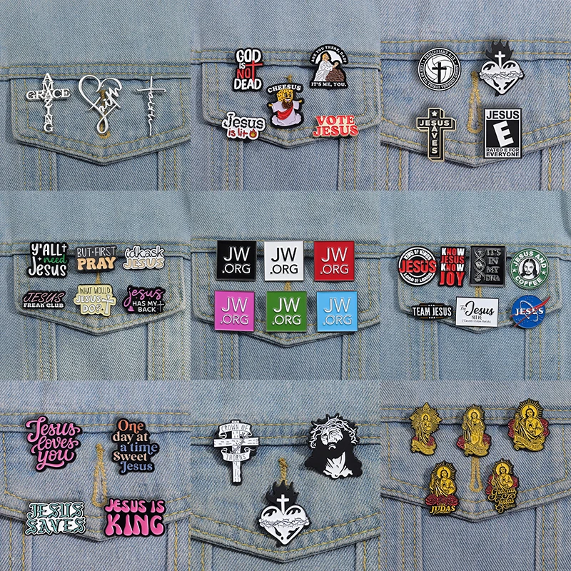 Jesus JW.ORG Set Emaille Pins Benutzerdefinierte Kreuz der Dornen Lila Gänseblümchen Broschen Revers Abzeichen Schmuck Geschenk für Freunde