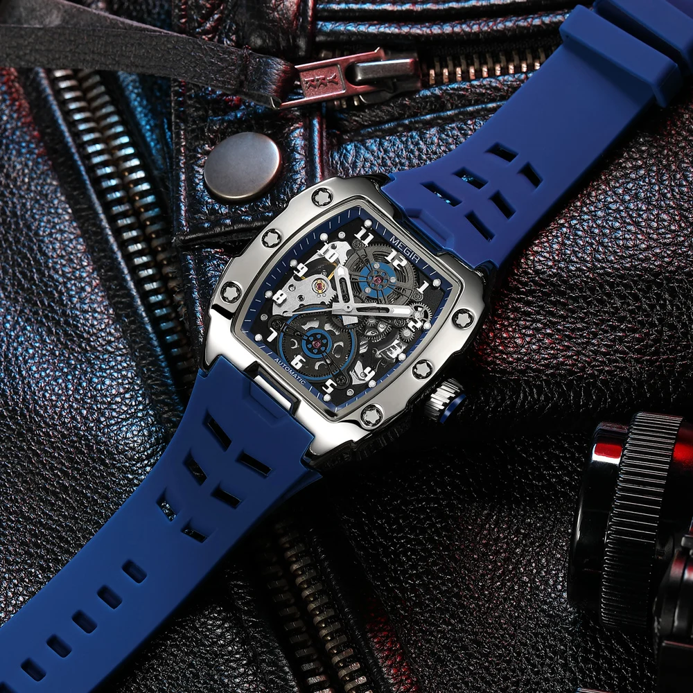 MEGIR Blue Automatic Mechanical Watch for Men Fashion Casual Sport Waterproof Wristwatch Male with Silicone Strap Tonneau Dial - 2