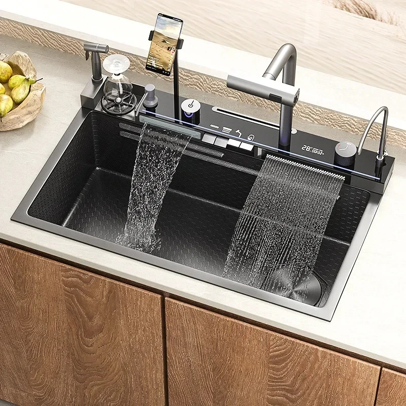 Kitchen 304 Stainless Steel Waterfall Sink, Large Single Slot, Digital Display Embossed Washing Basin Household Dishwashing Sink 4