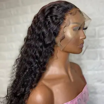 Long Deep Wave Black Color Synthetic 13X4 HD Lace Frontal Wig For Black Women Prepucked Bleach Knots Glueless Wig Daily Party