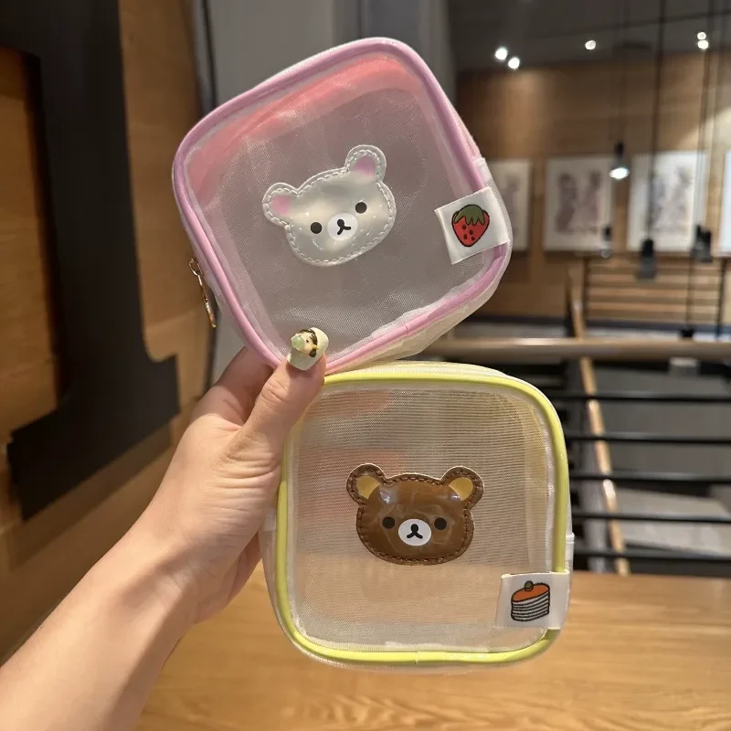 Rilakkuma Storage Bag Peripheral Mini Makeup Organizer Mesh Square Transparent Storage Makeup Bag Decoration Kawaii Girls Gifts
