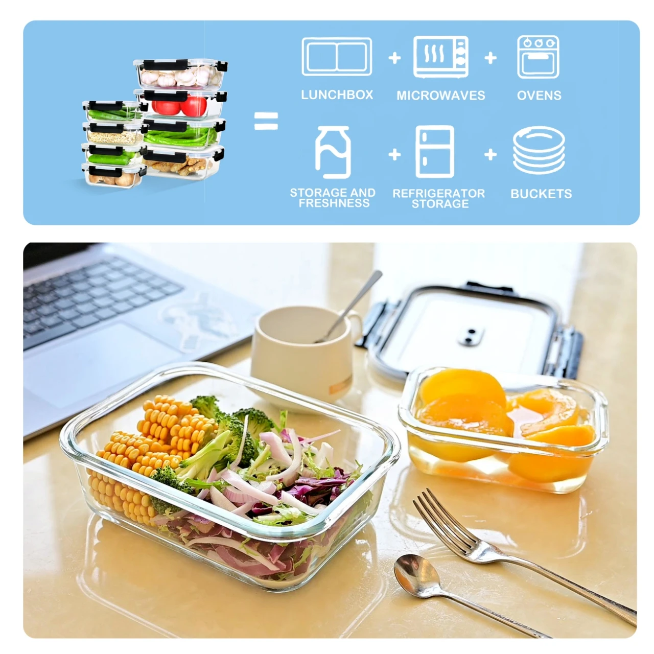 1520 ml versiegelte Frischhalte-Lunchbox in Lebensmittelqualität: Ofen- und mikrowellengeeigneter Glasbehälter, tragbarer Behälter für die Zubereitung von Mahlzeiten – Detail 8