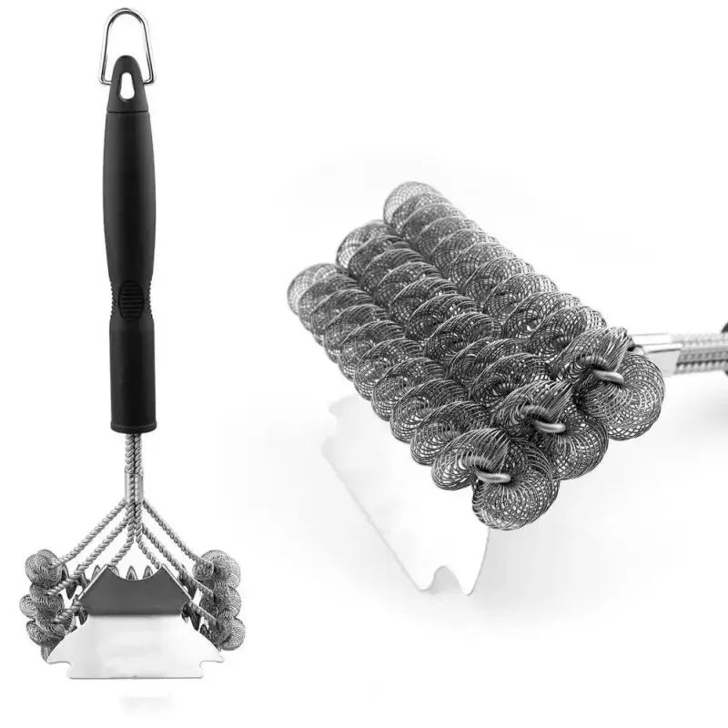 3-in-1 Grill Brush And Scraper Stainless Steel Bristle Free BBQ Cleaning Brush Grill Handle Wide Scraper Barbecue BBQ Tool