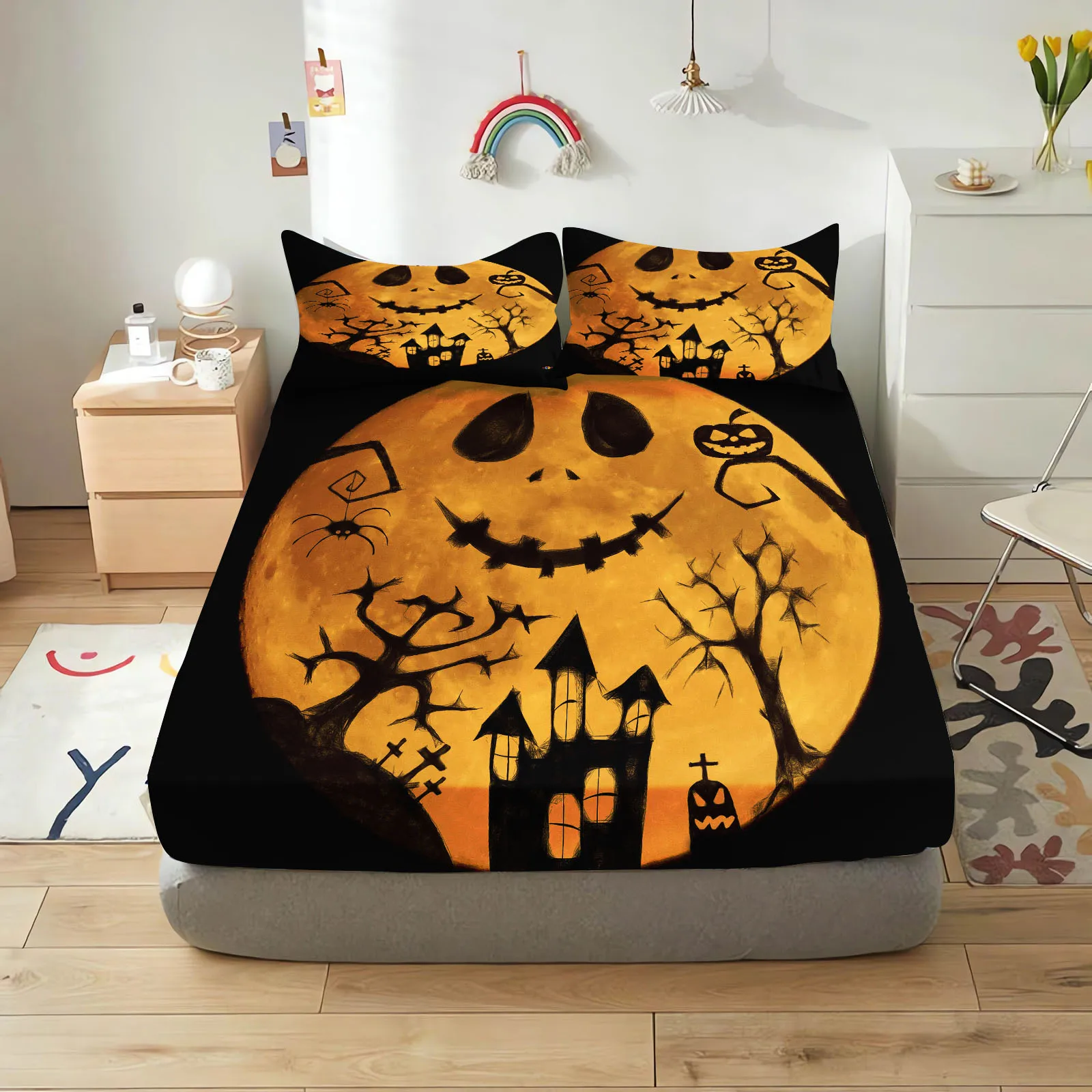 

Комплект постельного белья на Хэллоуин, простыня с милым мультяшным принтом, подходит для детей и взрослых с наволочкой, 100% полиэстер